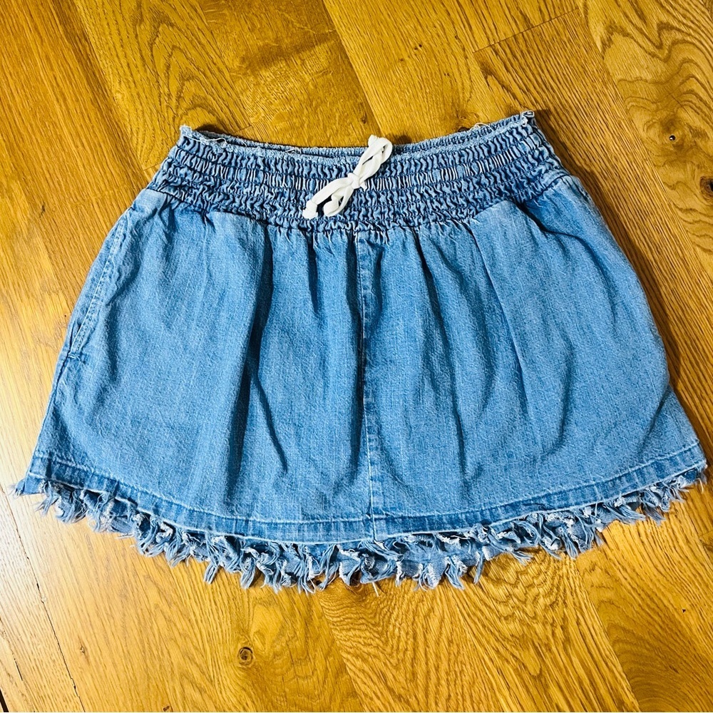 Mango Denim Mini Skirt with Smocked Tie Front and Frayed Hem